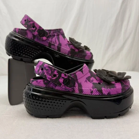 Crocs Platform Sandals Floral Print Purple Black w/Flower Croc Charms - Picture 3 of 10